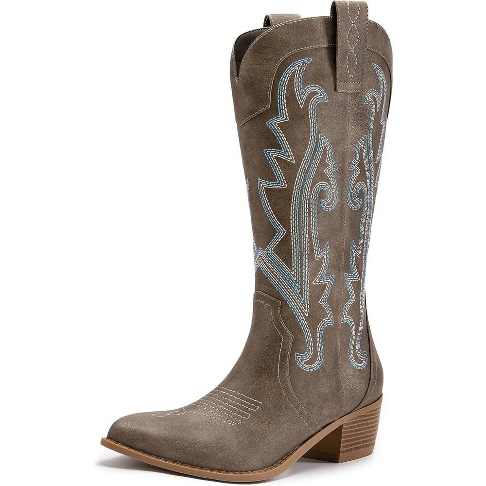 🆕Women Brown Western Cowgirl Embroidered Pointed Toe Chunky Heel Mid Calf Boots